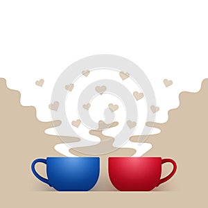 Blue and red cups of hot drink and white steam with hearts