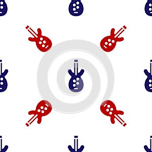 Blue and red Electric bass guitar icon isolated seamless pattern on white background. Vector