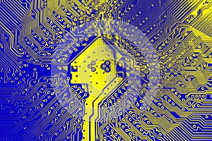 Blue and yellow electronic mother board circuit close up macro background