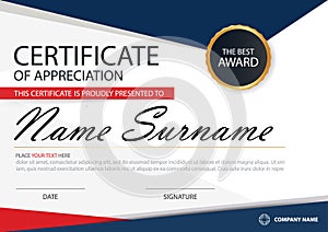 Blue red Elegance horizontal certificate with Vector illustration ,white frame certificate template with clean and modern pattern