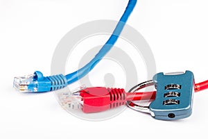 Blue and red ethernet cables and lock