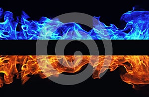 Blue and red fire on black background