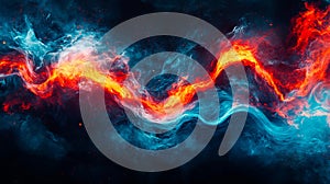 A blue and red fire and smoke on a black background