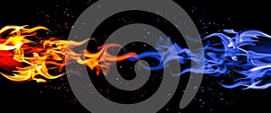 Blue and red flame. Cold and warm concept. Horizontal abstract background