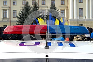 Blue and red flashing sirens of police car, Ukraine