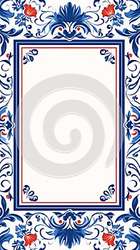 a blue and red floral border with an ornate frame