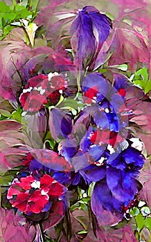 Blue and Red Flowers - Digital Art - Water Color Style