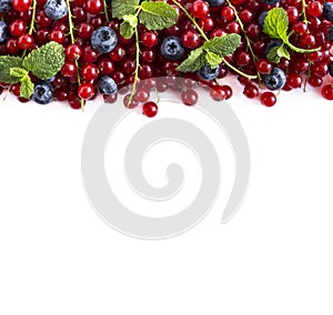 Blue and red food on a white. Ripe blueberries and red currants on a white background. Mixed berries at border of image with copy