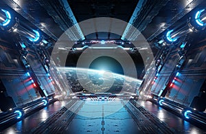 Blue and red futuristic spaceship interior with window view on planet Earth 3d rendering