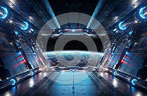 Blue and red futuristic spaceship interior with window view on planet Earth 3d rendering