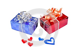 Blue red gift box red blue hearts on white isolate background