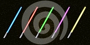 Blue, red, green, pink and yellow laser sword lightsaber set isolated on starry black galaxy background. May the 4th be