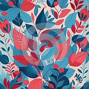 Blue, red, grey and pink watercolor flowers with stems and leaves. Watercolor art background