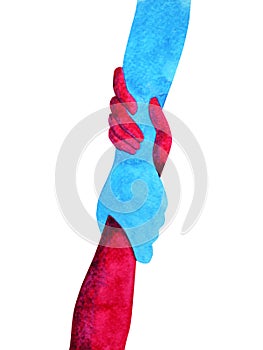 Blue and red hands holding together watercolor painting illustration