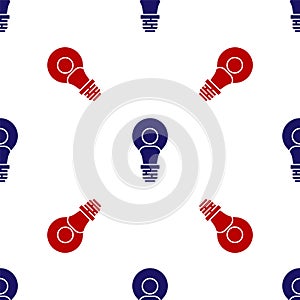 Blue and red Human head with lamp bulb icon isolated seamless pattern on white background. Vector