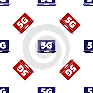 Blue and red Laptop with 5G new wireless internet wifi icon isolated seamless pattern on white background. Global