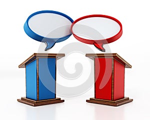 Blue and red lecterns with speech balloons. 3D illustration photo