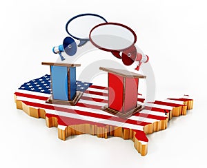 Blue and red lecterns standing on USA map. 3D illustration photo