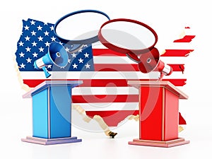 Blue and red lecterns with USA map. 3D illustration photo