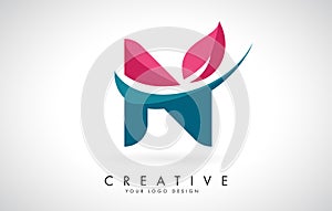 Blue and Red Letter N with Leaf and Creative Swoosh Logo Design
