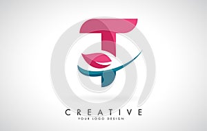 Blue and Red Letter T with Leaf and Creative Swoosh Logo Design