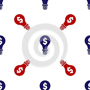 Blue and red Light bulb with dollar symbol icon isolated seamless pattern on white background. Money making ideas