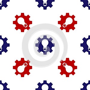 Blue and red Light bulb and gear icon isolated seamless pattern on white background. Innovation concept. Business idea