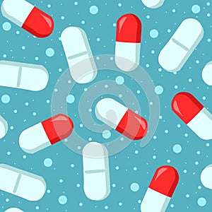 Blue and red medical dose remedy, seamless pattern. Illustration of white tablet pills.