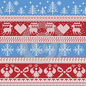 Blue and red Nordic Christmas winter pattern with reindeer,rabbits, Xmas trees, angels, bow in Scandinavian style cross stitch