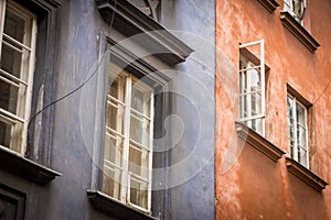 Blue and red old residential buildings