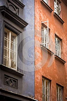 Blue and red old residential buildings