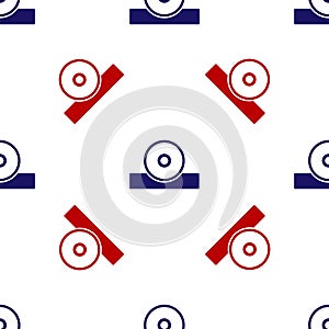 Blue and red Otolaryngological head reflector icon isolated seamless pattern on white background. Equipment for