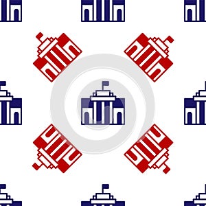 Blue and red Prado museum icon isolated seamless pattern on white background. Madrid, Spain. Vector