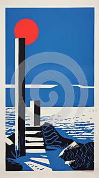 Blue And Red Print Of A Pier And Moon In The Style Of Michael Cho