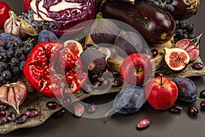 Blue, red and purple food. Culinary background of fruits and vegetables