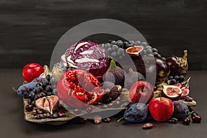 Blue, red and purple food. Culinary background of fruits and vegetables