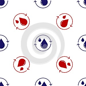 Blue and red Recycle clean aqua icon isolated seamless pattern on white background. Drop of water with sign recycling