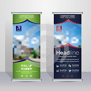 Blue & Red roll up brochure flyer banner design vertical template vector