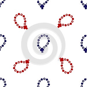 Blue and red Rosary beads religion icon isolated seamless pattern on white background. Vector
