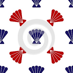 Blue and red Scallop sea shell icon isolated seamless pattern on white background. Seashell sign. Vector.