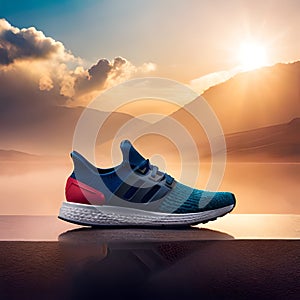 Blue and red shoe on a wooden ledge with sunset and mountains in the background
