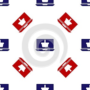 Blue and red Shopping basket on screen laptop icon isolated seamless pattern on white background. Concept e-commerce, e