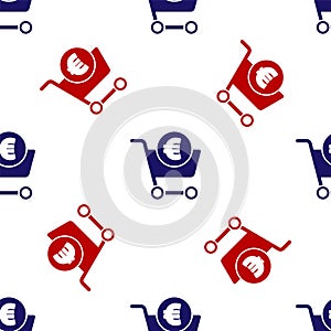 Blue and red Shopping cart and euro symbol icon isolated seamless pattern on white background. Online buying concept