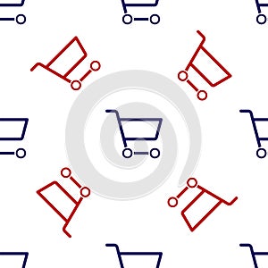 Blue and red Shopping cart icon isolated seamless pattern on white background. Online buying concept. Delivery service sign.