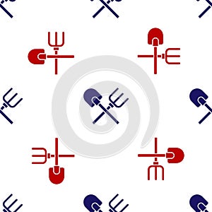 Blue and red Shovel and rake icon isolated seamless pattern on white background. Tool for horticulture, agriculture