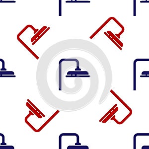 Blue and red Shower head with water drops flowing icon isolated seamless pattern on white background. Vector