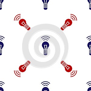 Blue and red Smart light bulb system icon isolated seamless pattern on white background. Energy and idea symbol