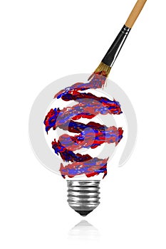 Blue red spiral paint trace and paintbrush made light bulb