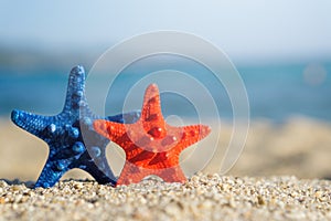 Blue and red starfishes pinned on sand at the beach. Blue sea on background