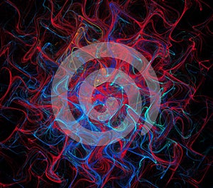 Blue and red swirls spread across the cells in the form of rhombuses on a black background. Bright colorful abstract fractal